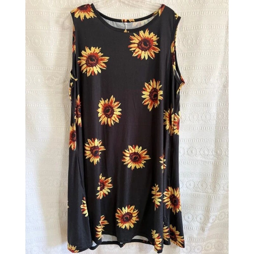 Sunflower Tank Dress XL Black Sleeveless Dress with Pockets Boho Fall Sundress